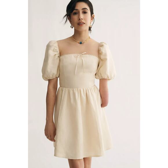 Reformation Malvina Cream Linen Puff Sleeve Mini Dress NWT Size 8 - Picture 10 of 10